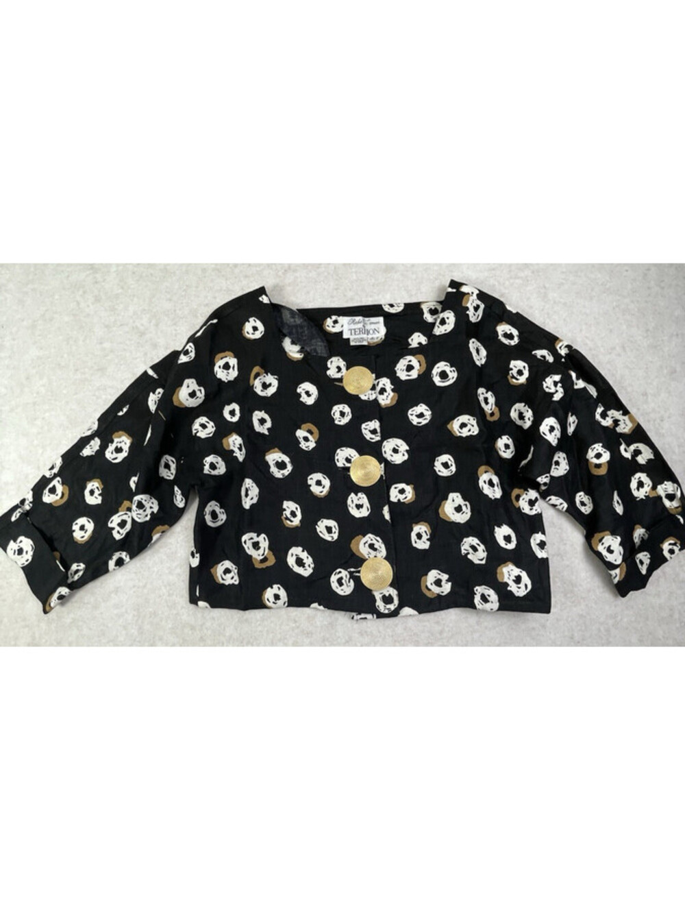 Rickie Freeman Teri Jon VTG Cropped Linen Jacket 6 Black White Floral Bolero